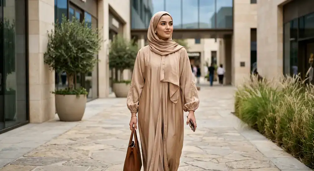 Woman wearing a luxurious silk drape abaya in warm sand tones