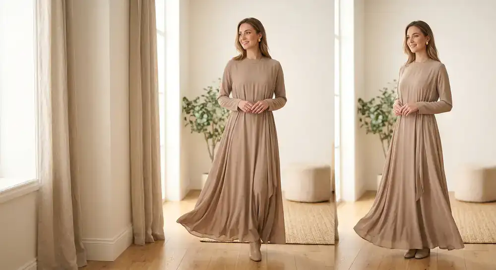 Model wearing a flowing neutral-toned modest dress in a bright studio