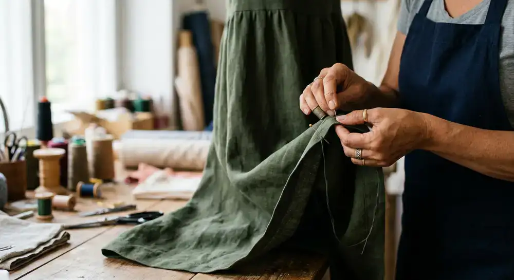 Artisan hands adjusting the hem of a modest dress
