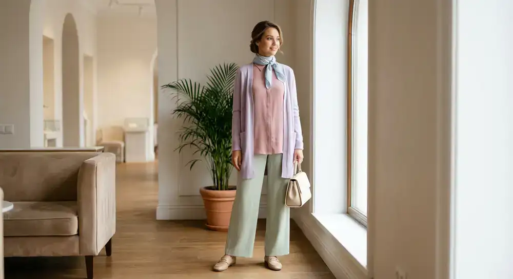 Model wearing a soft pastel modest fashion ensemble in an elegant setting