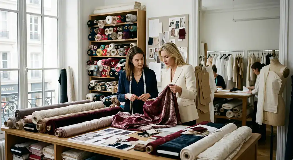 Behind the scenes look at fashion designers selecting luxury fabrics