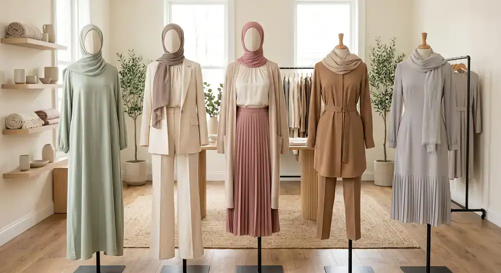 A collection of modest wear in soft pastel and neutral color palettes
