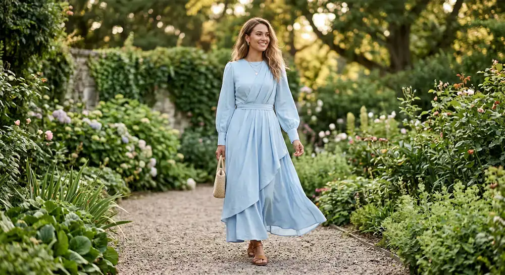 Model wearing a soft pastel draped modest dress outdoors