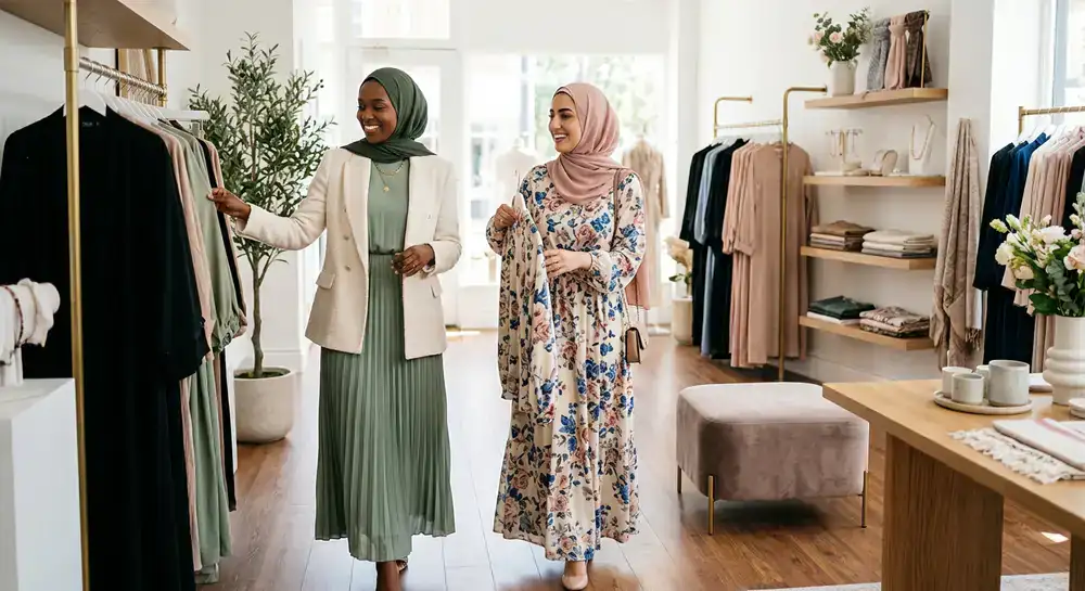 Elegant modest fashion styling at the Aura Modesty boutique