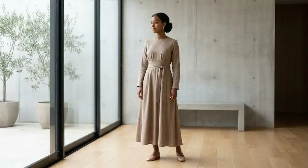 Model wearing a soft earth-toned modest dress in a minimalist architectural setting