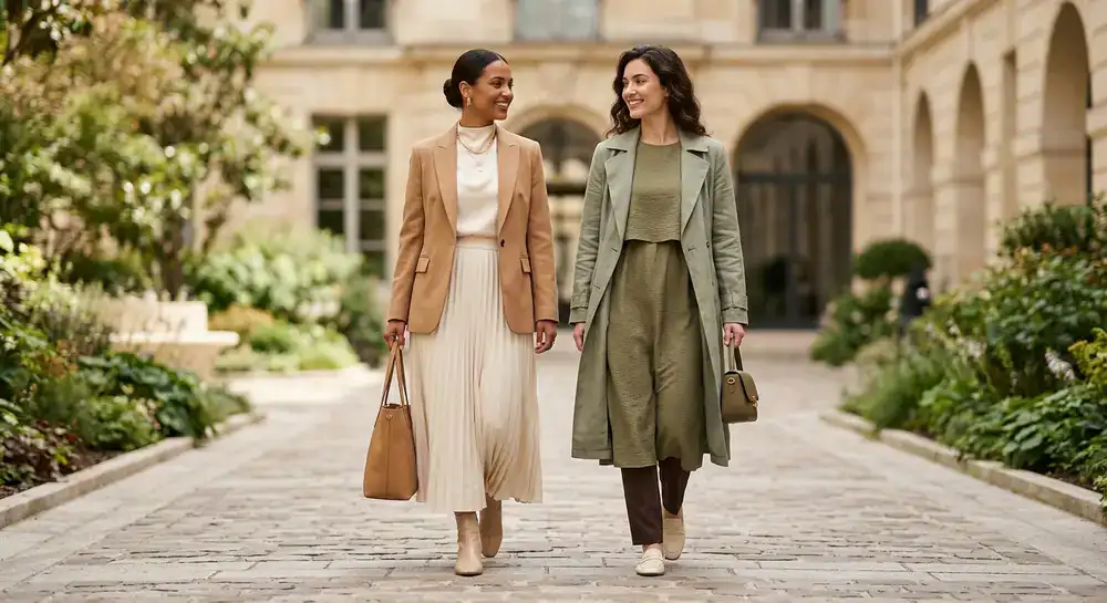 Two models showcasing coordinated modest layered outfits