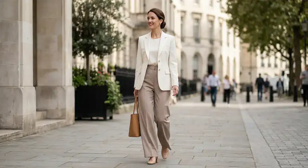 Model wearing a tailored modest blazer and wide leg trousers