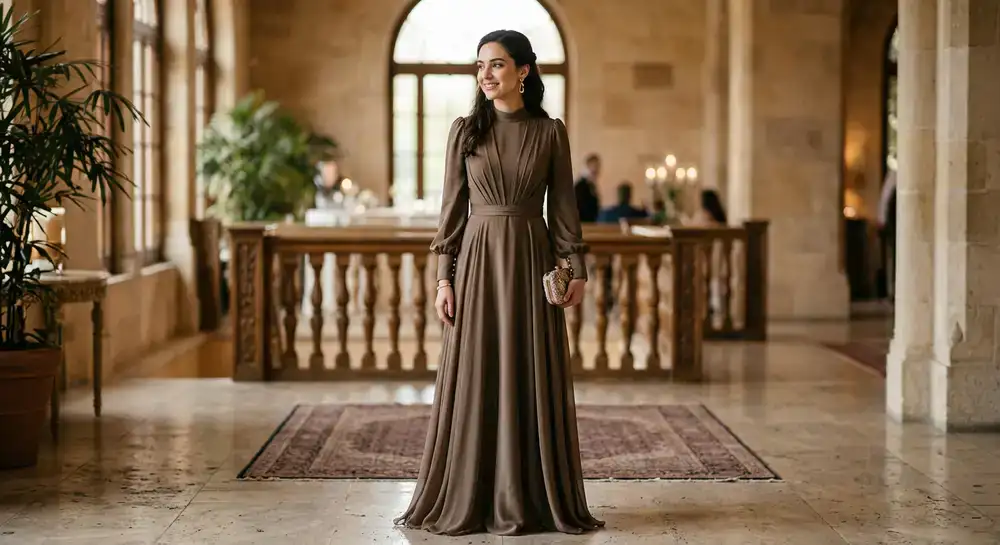 Model in an elegant evening modest gown in subtle earth tone