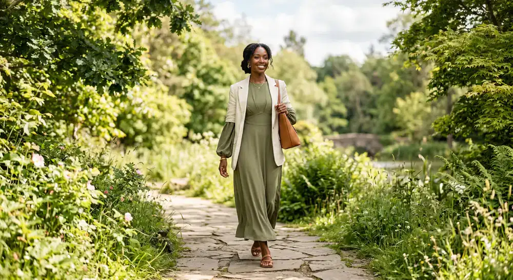Aura Modesty model walking confidently in a natural, airy environment