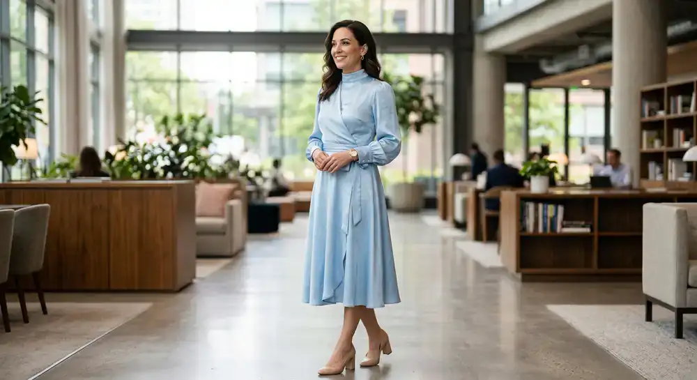 Satin wrap dress with high neckline
