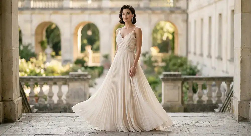 A premium pleated evening gown on a model