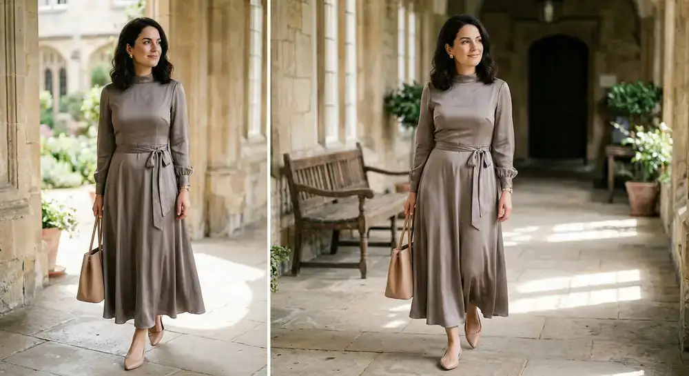 Model wearing an elegant modest silk dress