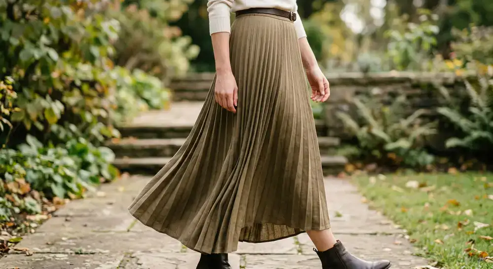 Detail view of an earth-toned pleated skirt